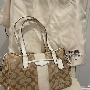 Coach Beige Signature Canvas Satchel with Cream Accents